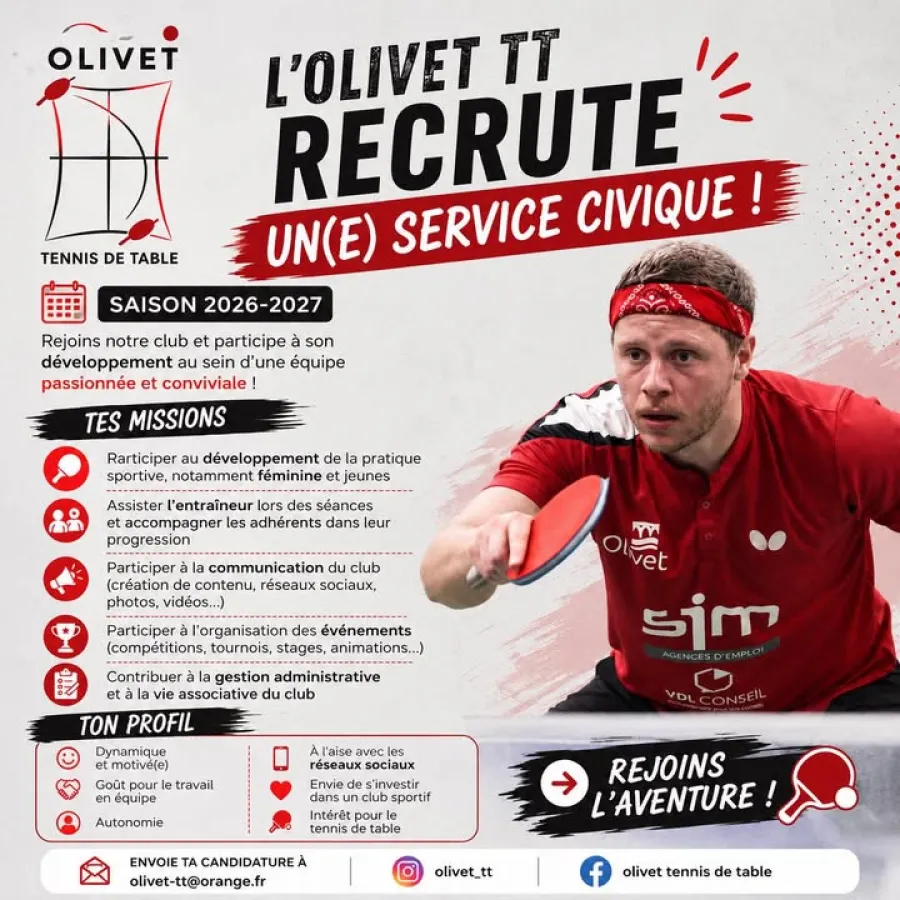 🏓 Le club d’Olivet TT recrute un(e) Service Civique ! 🏓 — photo 1